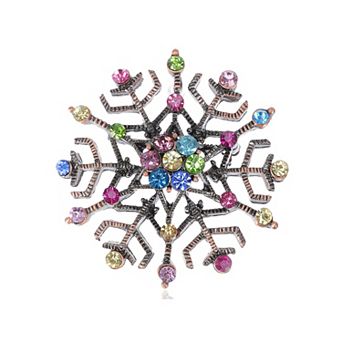 Copper Tone Shiny Colorful Crystal Rhinestones Snowflake Christmas Holiday Brooch Pin