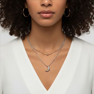 Layered Necklace Set with Minimalist Bead Charm and Sculpted Crescent Moon Pendant