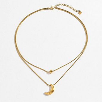 Layered Necklace Set with Minimalist Bead Charm and Sculpted Crescent Moon Pendant