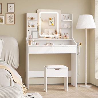 Vanity Desk with Lighted Mirror, Drawers & Storage Stool, Vanity Table with Charging Station