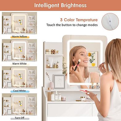 Vanity Desk with Lighted Mirror, Drawers & Storage Stool, Vanity Table with Charging Station