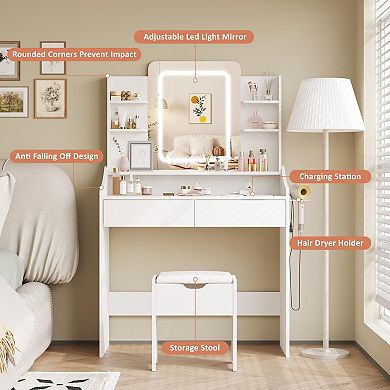 Vanity Desk with Lighted Mirror, Drawers & Storage Stool, Vanity Table with Charging Station