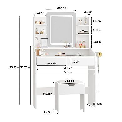Vanity Desk with Lighted Mirror, Drawers & Storage Stool, Vanity Table with Charging Station
