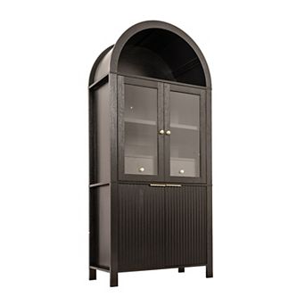 Pnronnc 71" Freestanding Locker Fluted Arched Pantry Cabinet with Hidden Drawer and Glass Door
