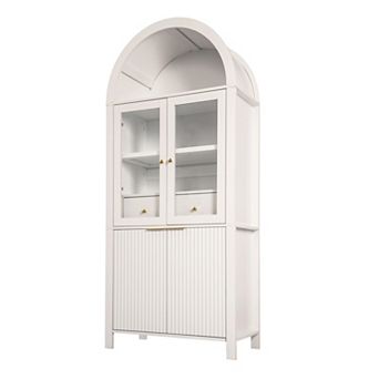 Pnronnc 71" Freestanding Locker Fluted Arched Pantry Cabinet with Hidden Drawer and Glass Door