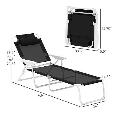Folding Outdoor Recliner Chair with Armrests and Headrest, Chaise Lounge for Poolside
