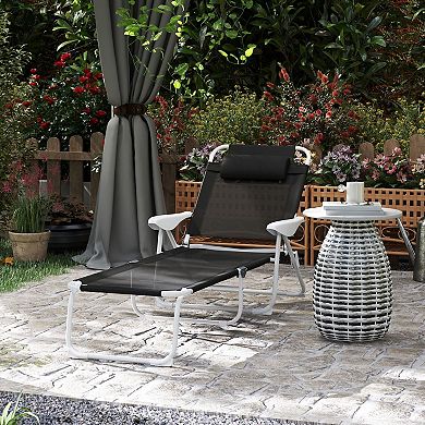 Folding Outdoor Recliner Chair with Armrests and Headrest, Chaise Lounge for Poolside