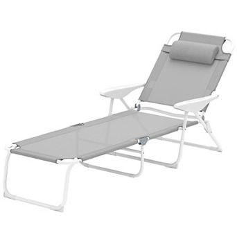 Folding Outdoor Recliner Chair with Armrests and Headrest, Chaise Lounge for Poolside