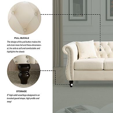 Pnronnc Modern 3-Seater Velvet Sofa Tufted Couch with Rolled Arms and Nailhead Trim