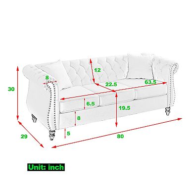 Pnronnc Modern 3-Seater Velvet Sofa Tufted Couch with Rolled Arms and Nailhead Trim