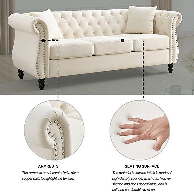 Pnronnc Modern 3-Seater Velvet Sofa Tufted Couch with Rolled Arms and Nailhead Trim