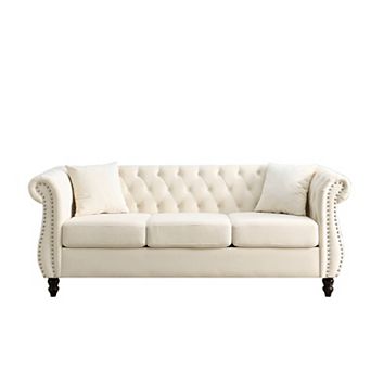 Pnronnc Modern 3-Seater Velvet Sofa Tufted Couch with Rolled Arms and Nailhead Trim