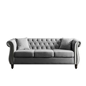 Pnronnc Modern 3-Seater Velvet Sofa Tufted Couch with Rolled Arms and Nailhead Trim