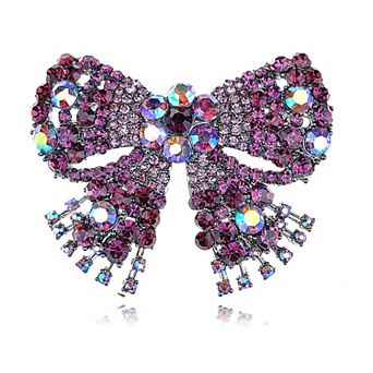 Silvery Tone Shine Fuchsia Rose Pink Crystal Rhinestones Bow Brooch Pin