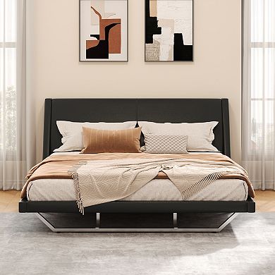 Loheer King Size Modern Wave Curve Upholstered Bed Frame with Suspended Trapezoidal Legs