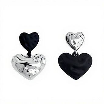 Women's Double Heart Drop Earrings with Textured Metallic Design