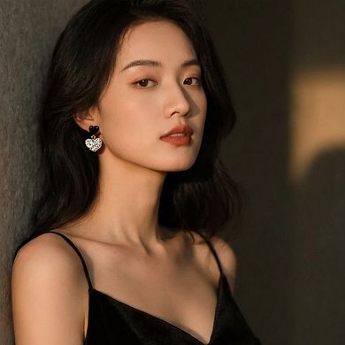 Women's Double Heart Drop Earrings with Textured Metallic Design