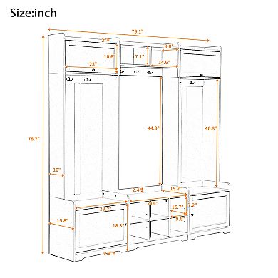 Pnronnc Large 79'' Hall Tree with Bench, Shoe Storage, Coat Hooks, Open Shelves, Cabinets Organizer
