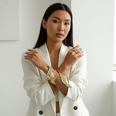 Sculptural Open Cuff Bracelet with Organic Leaf Inspired Design and Polished Gold Tone Finish