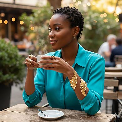 Sculptural Open Cuff Bracelet with Organic Leaf Inspired Design and Polished Gold Tone Finish