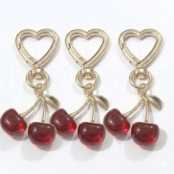 Women's 3 pc Cherry Charm Keychain Set with Heart Clip Decorative Bag Charm Accessory