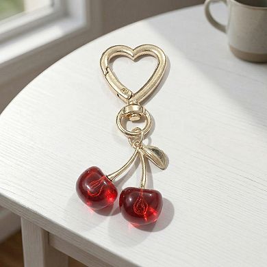 Women's 3 Pcs Cherry Charm Keychain Set with Heart Clip Decorative Bag Charm Accessory