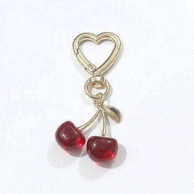 Women's 3 Pcs Cherry Charm Keychain Set with Heart Clip Decorative Bag Charm Accessory