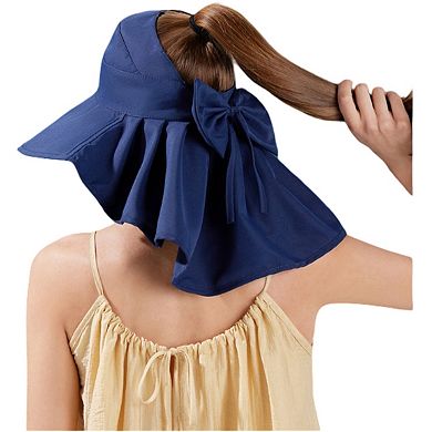 Wide Brim Sun Hat with Ponytail Opening Neck Flap Bow Detail UV Protection Summer Hat