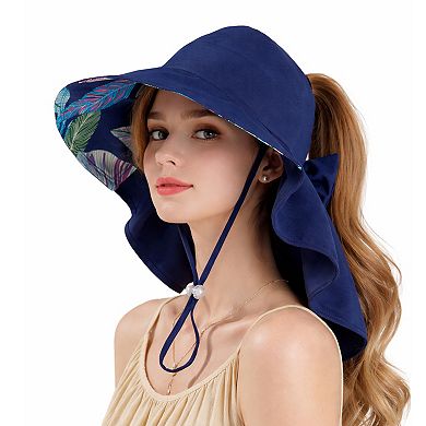 Wide Brim Sun Hat with Ponytail Opening Neck Flap Bow Detail UV Protection Summer Hat