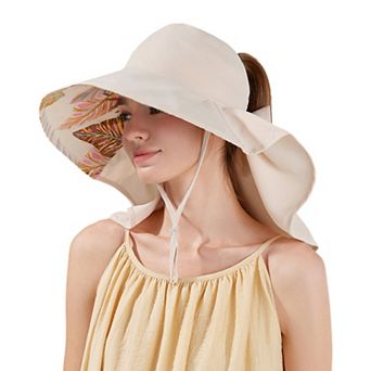 Wide Brim Sun Hat with Ponytail Opening Neck Flap Bow Detail UV Protection Summer Hat