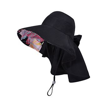 Wide Brim Sun Hat with Ponytail Opening Neck Flap Bow Detail UV Protection Summer Hat