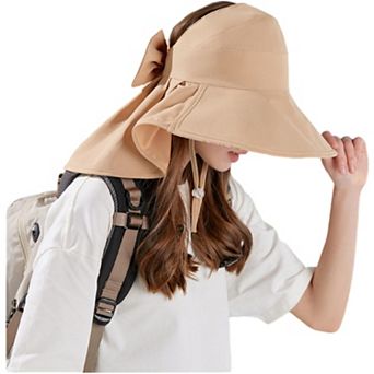 Wide Brim Sun Hat with Ponytail Opening Neck Flap Bow Detail UV Protection Summer Hat