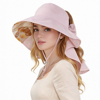 Wide Brim Sun Hat with Ponytail Opening Neck Flap Bow Detail UV Protection Summer Hat