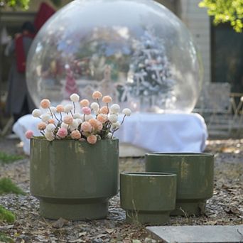 Loheer handmade green ceramic planter set of 3 for indoor outdoor flowers herbs