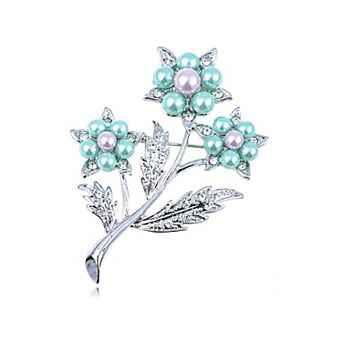 Silvery Tone Clear Rhinestone Faux Pearls Flower Stem Bouquet Pin Brooch