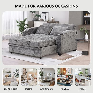 Pnronnc Convertible Loveseat Sofa, Chenille Sleeper Sofa Pull Out Sofa Bed with USB Ports