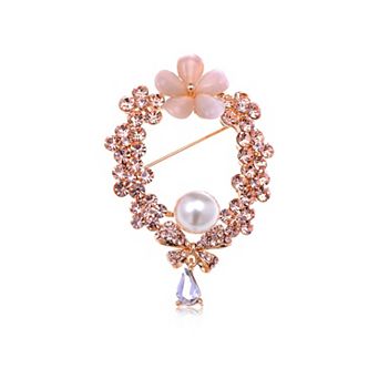 Golden Tone Topaz Rhinestone Faux Pearl Floral Wreath Bow Brooch Pin