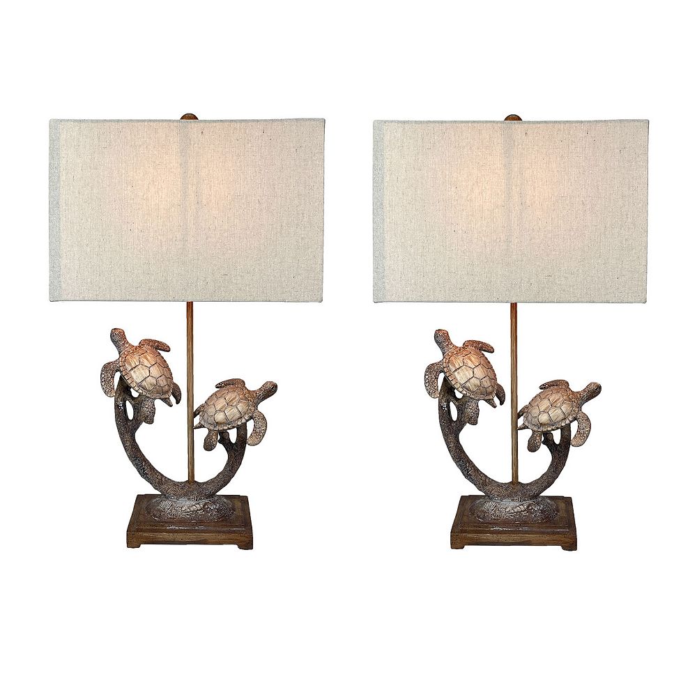 Set of 2 Double Sea Turtle Table Lamps Coastal Nautical Resin 27.75