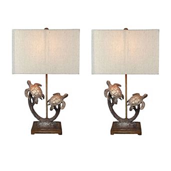 Set of 2 Double Sea Turtle Table Lamps Coastal Nautical Resin 27.75" w/Shades