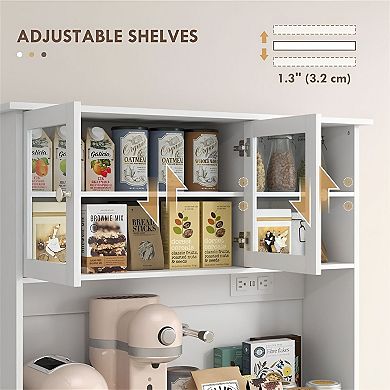 Kitchen Pantry Cabinet with Glass Doors, Drawers and Adjustable Shelves