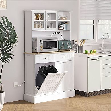 Kitchen Pantry Cabinet with Glass Doors, Drawers and Adjustable Shelves