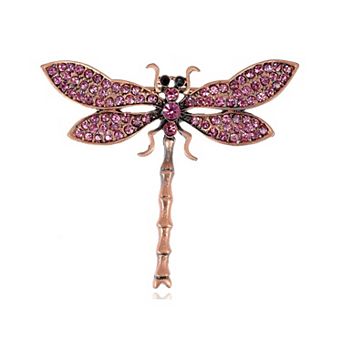 Copper Tone Pink Multicolored Crystal Rhinestone Dragonfly Brooch Pin