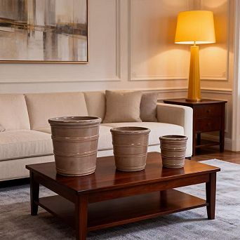 Loheer Handmade Taupe Ceramic Planter Set of 3 Pots with Horizontal Ring Design for Succulents Herbs