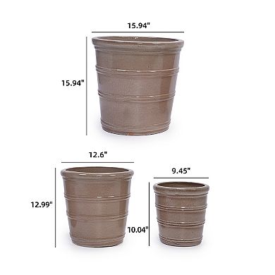Loheer Handmade Taupe Ceramic Planter Set of 3 Pots with Horizontal Ring Design for Succulents Herbs