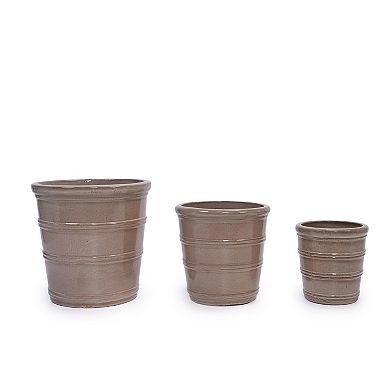 Loheer Handmade Taupe Ceramic Planter Set of 3 Pots with Horizontal Ring Design for Succulents Herbs