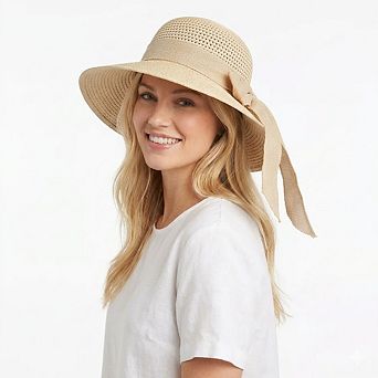 Women Straw Sun Hat Wide Brim Woven Beach Hat Bow Tie Detail Breathable Summer Hat