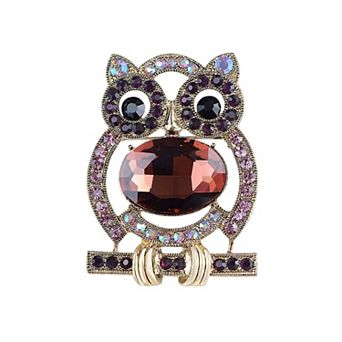 Golden Tone Large Pink Purple Body Rhinestone Cartoon Cute Owl Bird Fashion Pin Brooch