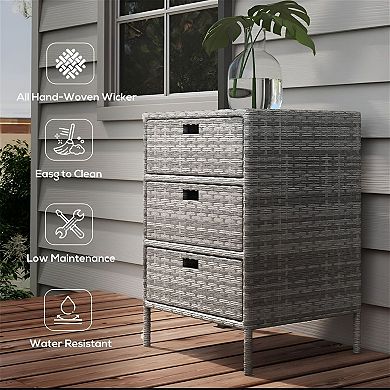 Patio Pool Storage Cabinet with 3 Drawers, PE Rattan Outdoor Organizer