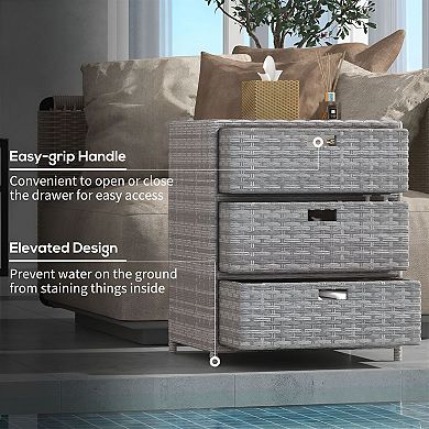 Patio Pool Storage Cabinet with 3 Drawers, PE Rattan Outdoor Organizer