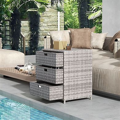 Patio Pool Storage Cabinet with 3 Drawers, PE Rattan Outdoor Organizer